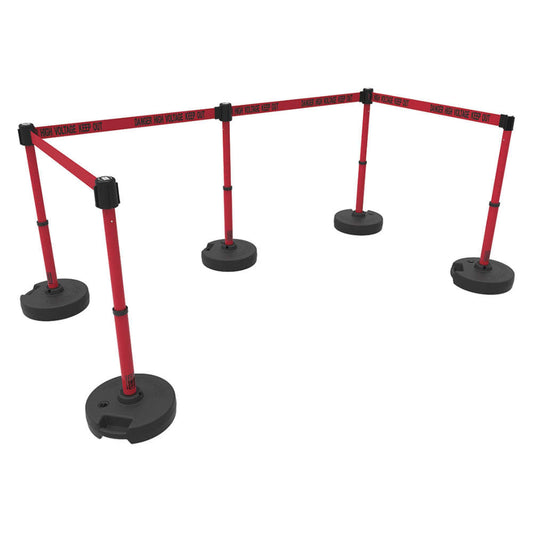 Banner Stakes Crowd Control Plus 15' Retractable Belt Barrier Stanchion Set X5, Covers 60' - Red "Danger High Voltage Keep Out" Banner, 22"-42" Plastic Adjustable Post, Fillable Base (PL4596)
