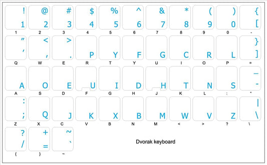 4Keyboard Dvorak Simplified Keyboard Stickers with Blue Lettering ON Transparent Background