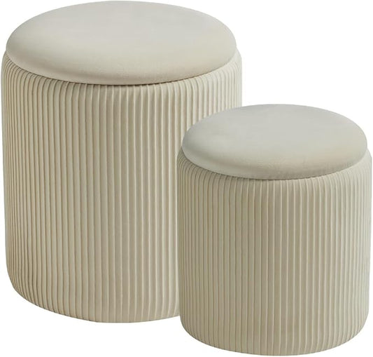 BLEXA Round Set of 2 Ottoman with Storage-Upholstered Velvet Vanity Stool for Makeup Multifunctional Ottomans Coffee Table Padded Seat Foot Rest for Living Room&Bedroom(White)