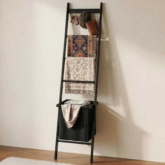 BAMBANG Bamboo Blanket Ladder with Basket, 5-Tier Quilt Rack Stand with 4 Hooks & Storage Hamper for Living Room Bathroom, Wall Leaning Decorative Ladder Shelf for Blankets Display (Black)