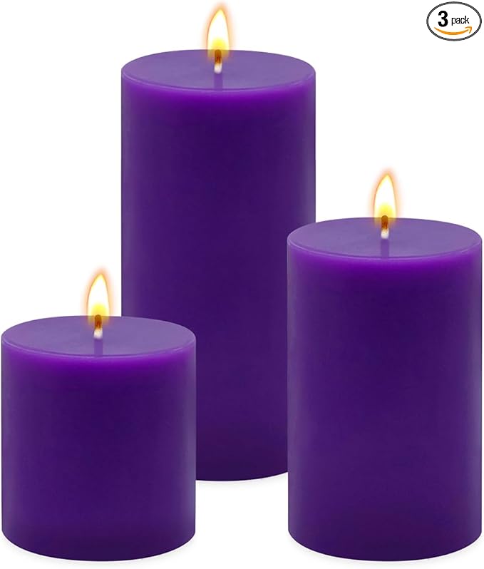 Purple Unscented Pillar Candles 3-Pack ??Dripless & Smokeless, Long-Burning Thick Candles (2",3",4" Heights) for Weddings, Home Decor & Serene Ambiance