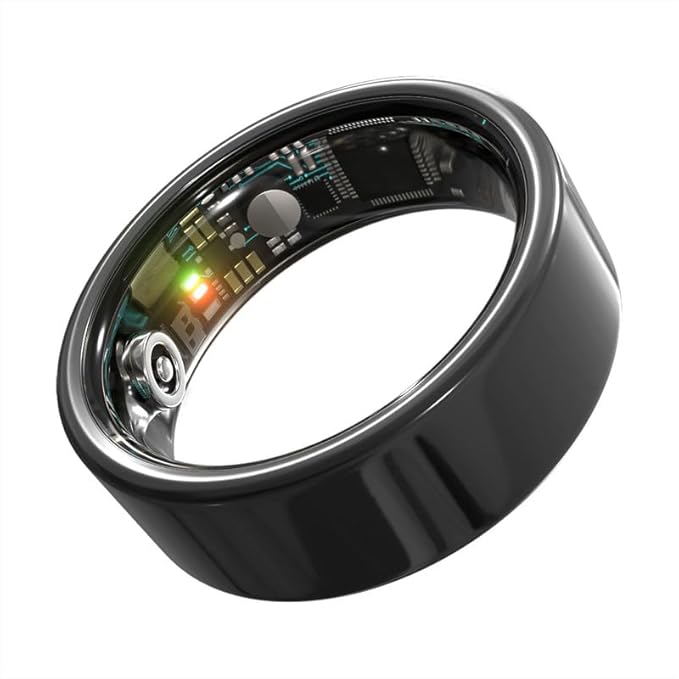 Smart Ring Health Monitoring 5ATM Waterproof Fitness Tracker with Glossy Titanium Surface Blood Oxygen/Sleep/Stress Tracking Women?™s Cycle Prediction Sport Ring Compatible with iOS/Android Black 6