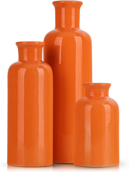 Ceramic Vase Set - 3 Orange Small Vases, Farmhouse Country Flower Vase Home Decor, Living Room Decoration, Table Decoration, Fireplace Decor, and Entrance Decorations Centerpieces