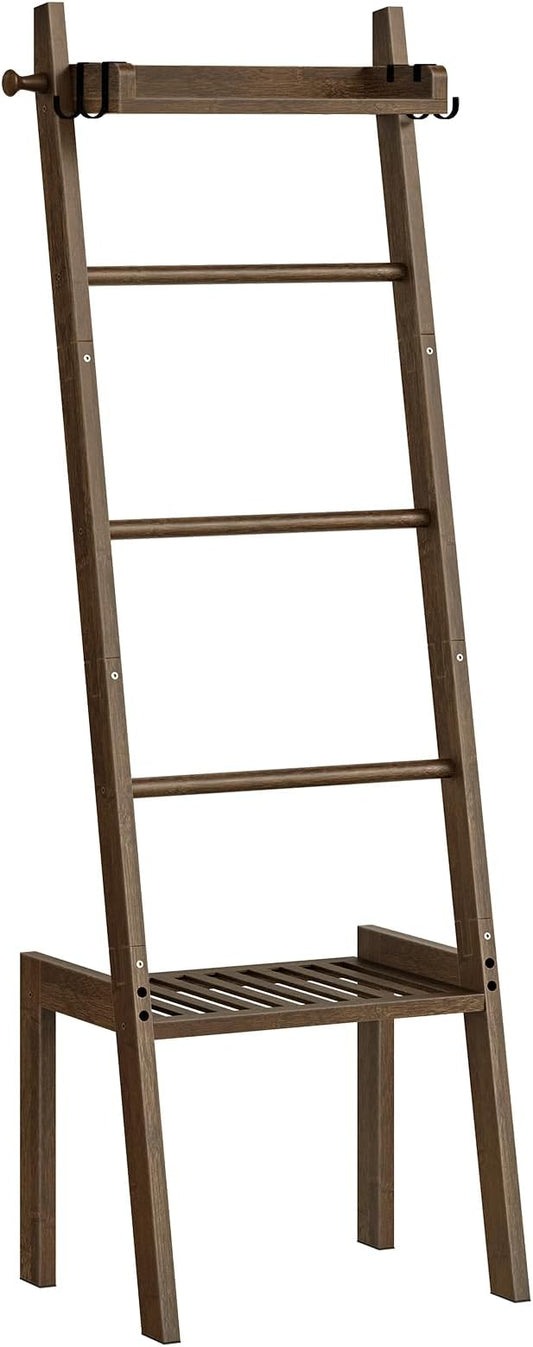 HOOBRO Blanket Ladder, 5 Tier Bamboo Ladder Shelf, Blanket Ladders for Living Room and Bedroom, Farmhouse Blanket Holder Rack for Storage and Home Decor, Decorative Towel Rack, Mocha MA91CJ01G1