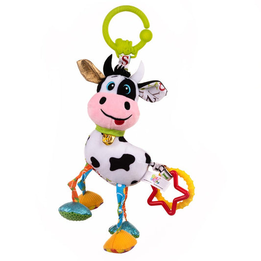 Balibazoo Caesar The Cow Hanging Toy - Developmental Sensory Rattle for Babies 0-24 Months | Vibrating Pull, Crinkle Sounds, BPA-Free Teether | Clips to Stroller, Car Seat | Soft Plush Baby Toy