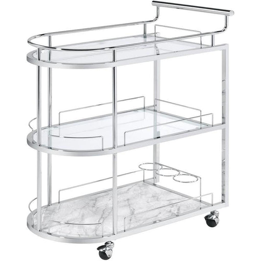BOWERY HILL Contemporary Serving Cart, Chrome Finish with Clear Glass Shelves, Oval 3-Tier Design, 4 Caster Wheels, 37 in L x 20 in W x 33 in H, Modern Metal Frame for Barware and Kitchen Use