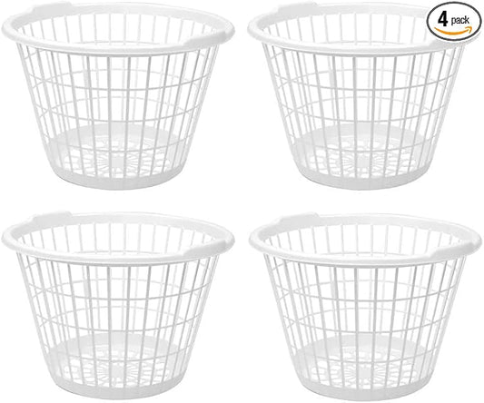 White Plastic Laundry Basket, 1 Bushel Capacity, Lightweight Round Design, 17.5 x 17.5 x 12 Inches, Set of 4