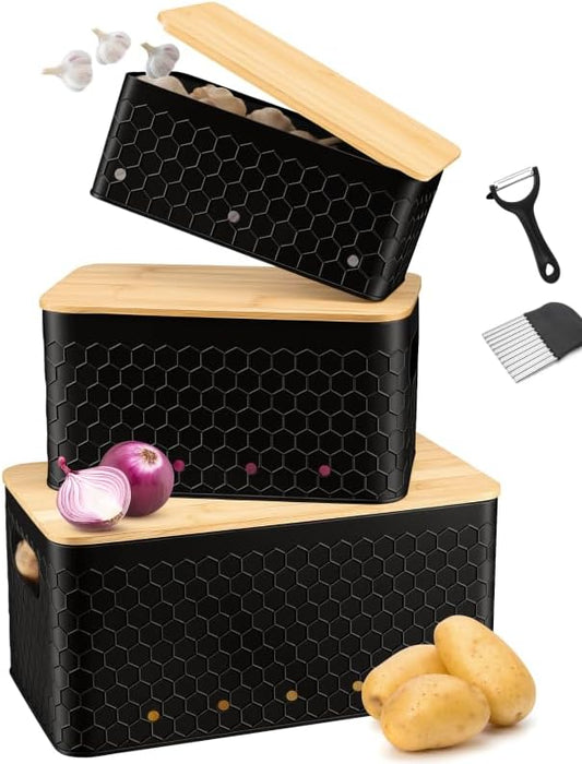 Kitchen Vegetable Storage Set of 3, Metal Onion Garlic Potato Storage Set, Kitchen Canisters Vegetable Keeper Containers with Aerating Holes and Bamboo Lid,Embossed Black