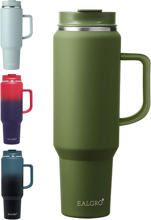 EALGRO 50 oz Tumbler with Handle, Insulated Tumblers with Lid and Straw, Large Metal Sports Water Bottle Jug, Thermal Stainless Steel Travel Coffee Mug Cup, Army Green