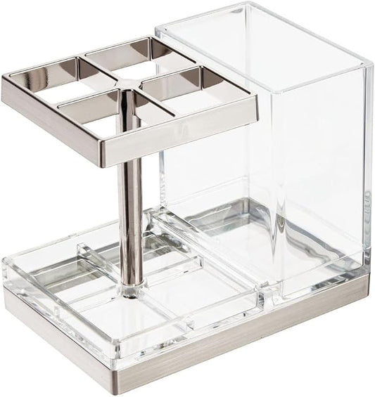 mDesign Plastic Toothbrush and Toothpaste Storage Organizer Holder - Home Decor for Bathroom Countertop - Holds Toiletries and Beauty Accessories - Lumiere Collection - White/Chrome