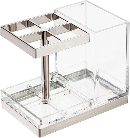 mDesign Plastic Toothbrush and Toothpaste Storage Organizer Holder - Home Decor for Bathroom Countertop - Holds Toiletries and Beauty Accessories - Lumiere Collection - Clear/Chrome