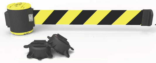 Banner Stakes 30 ft Crowd Control Safety Multi-Surface Wall Mount Retractable Belt - Yellow/Black Diagonal Stripe Banner - Magnetic & Non-Magnetic Surfaces - 2 Suction Cups (MH5007)