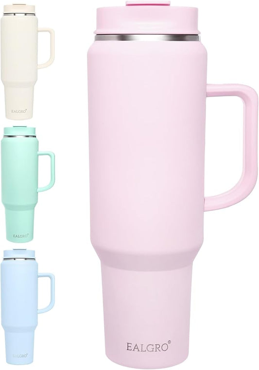 EALGRO 50 oz Tumbler with Handle, Insulated Tumblers with Lid and Straw, Large Metal Sports Water Bottle Jug, Thermal Stainless Steel Travel Coffee Mug Cup, Blush