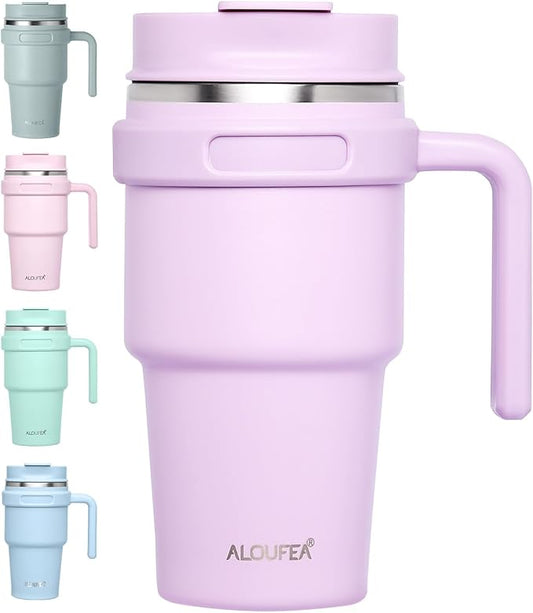 20 oz Insulated Coffee Mug Tumbler with Handle, Stainless Steel Travel Mug Tumbler with Lid and Straw,Double Wall Vacuum Leak Proof Ice Coffee Thermal Cup, Lavender