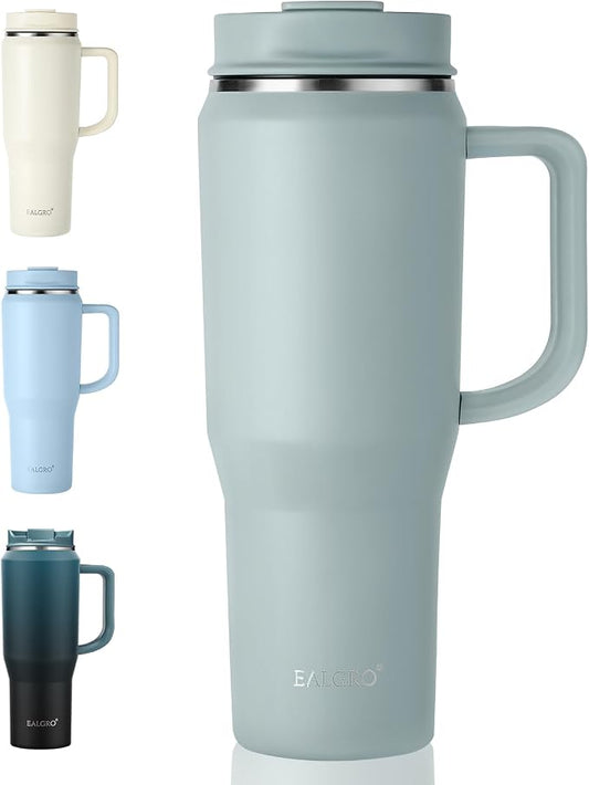 EALGRO 40 oz Tumbler with Handle, Insulated Tumblers with Lid and Straw, Large Metal Sports Water Bottle Jug, Thermal Stainless Steel Travel Coffee Mug Cup, Sage Green