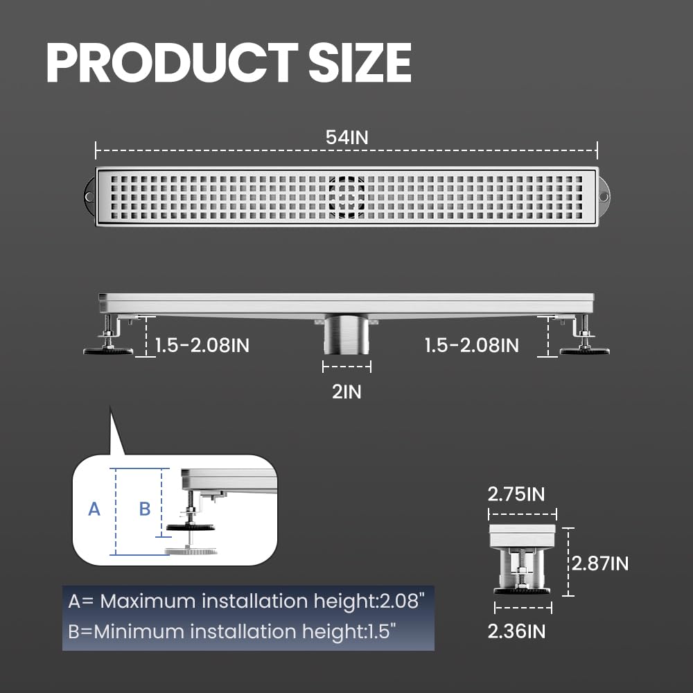 LISEEGO Linear Shower Drain 54 Inch, Brushed AISI 304 Stainless Steel Shower Drain with Square Hole Panel, for Bathroom, Kitchen, Garage & More