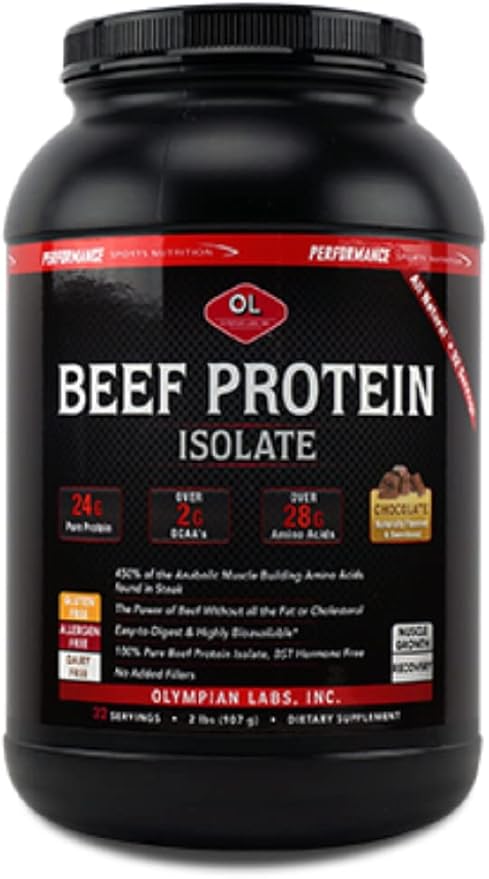 Olympian Labs Beef Protein Isolate Powder, 24g Protein, BST Free, 2 Grams BCAA's, Muscle Building Amino Acids, 32 Ounces, Flavored with Real Chocolate