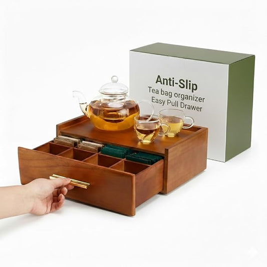Tea Bag Organizer for Counter – Easy Pull Drawer, Anti-Slip Pads, Wooden Tea Organizer, Teabag Holder, 8 Compartments Drawer Storage, Flat Top Tea Station, Tea Box for Standard & Premium Bags
