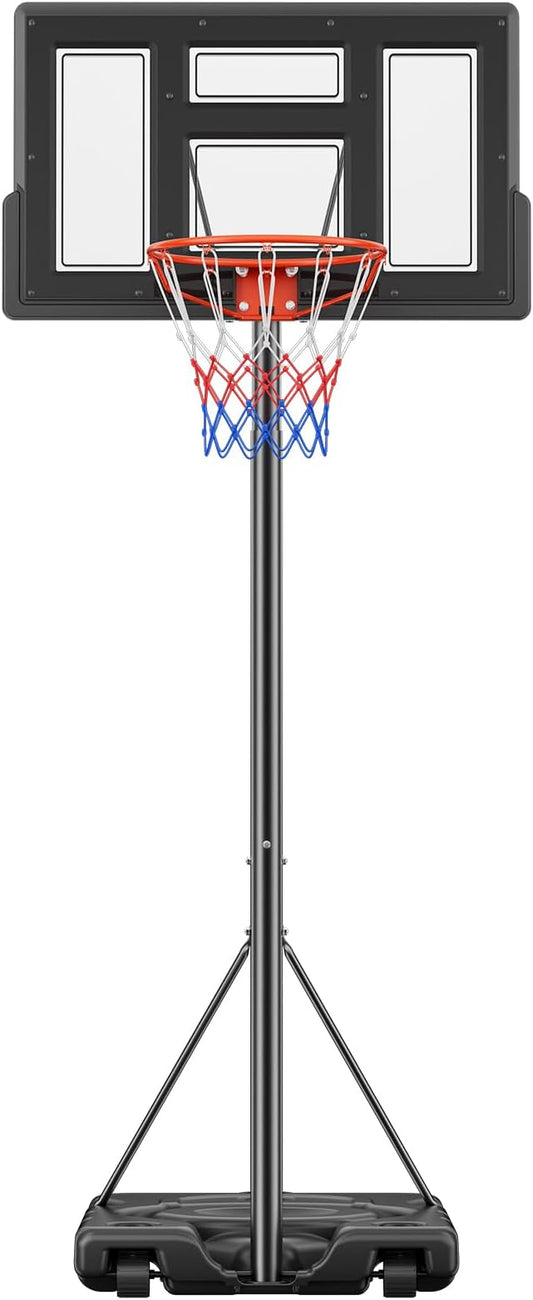 Sweetcrispy Portable Basketball Hoop Outdoor 6.1-10FT Adjustable Height, 44 Inch Shatterproof Backboard/Shock Absorbent Rim, Fillable Base, 2 Wheels for Backyard/Driveway