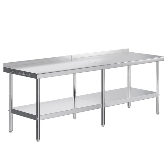 Jocisland 30" x 96" Stainless Steel Table for Prep & Work, Food-Grade Stainless Steel with Backsplash, Adjustable Under Shelf & Safe Design for Restaurant, Home and Outdoor