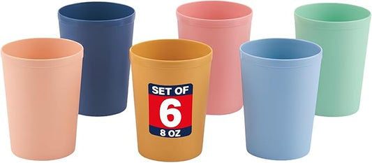 MASTERCOOK 6 Pcs. Small Reusable Cups –8 oz Unbreakable Drinking Glasses -Toddler Cups for Water, Juice, Milk–BPA Free Stackable Tumblers Plastic Cup set for Kitchen, Picnics, Parties- Kid-Friendly