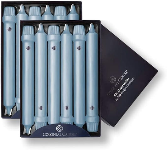Colonial Candle Unscented Taper Candle, Classic Collection, Coastal Blue, 8 in, Pack of 12 - Up to 6 Hours Burn