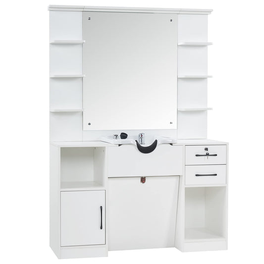 BarberPub Wall Mount Storage Station with Mirror Shampoo Bowl High-end Styling Beauty Salon Furniture Set 3145 (White)