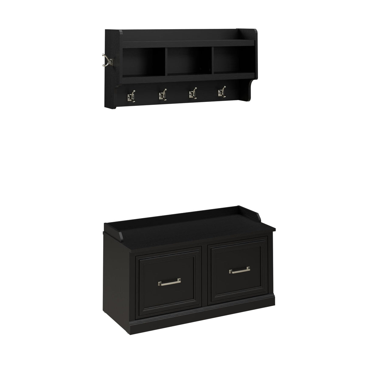 Bush Home Woodland 40W Shoe Storage Bench with Doors and Wall Mounted Coat Rack in Black Suede Oak | Foyer, Mudroom, Entryway Organizer