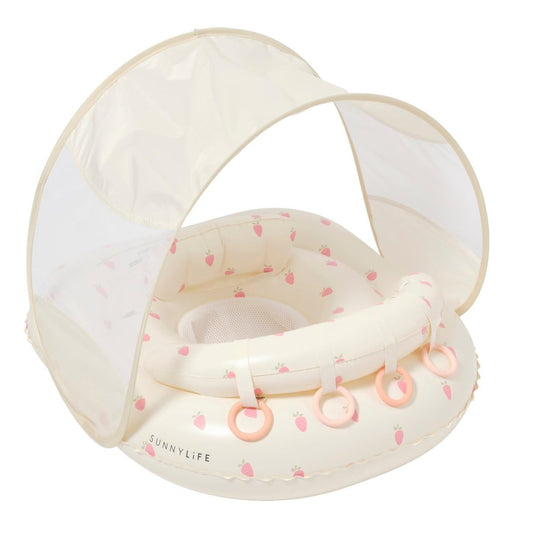 SUNNYLiFE Baby Float with Canopy — UPF40 Infant Pool Float, Adjustable Fabric Seat, 4 Silicone Play Rings | 6-12 Months - Strawberry Sunshine Pink