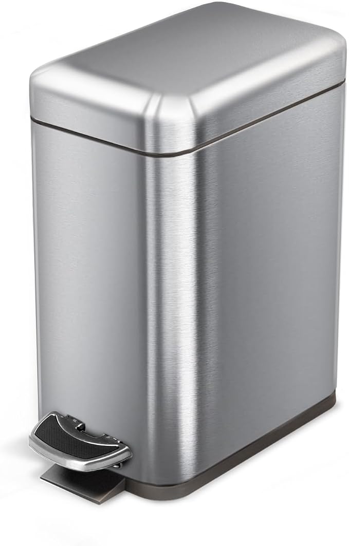 Home Zone Living 1.3 Gallon Stainless Steel Small Trash Can with a Lid | Stainless Steel with Slim Fit Design, Soft-Close Lid for Offices, Bathrooms, Bedrooms and Dorms, Silver