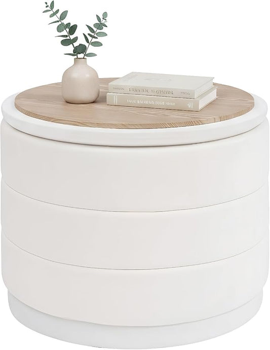 B FSOBEIIALEO Round Velvet Storage Ottoman with Tray, Folding Ottoman with Storage Coffee Table Foot Rest for Dorm Room, Living Room White, 22.83"x22.83"x17.32"