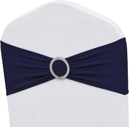 Skiennix 50 Pack Navy Blue Spandex Chair Sashes - Stretch Bands with Buckles for Weddings & Events