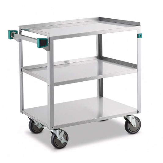 19" x 30.5" Commercial Stainless Steel Utility Cart NSF - Three Shelf Rolling Service Cart with Handle and 5" Casters - 300 lb Capacity, Rolling Cart for Warehouse and Restaurant