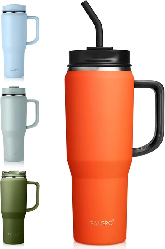 EALGRO 40 oz Tumbler with Handle, Insulated Tumblers with Lid and Straw, Large Metal Sports Water Bottle Jug, Thermal Stainless Steel Travel Coffee Mug Cup, Orange Red
