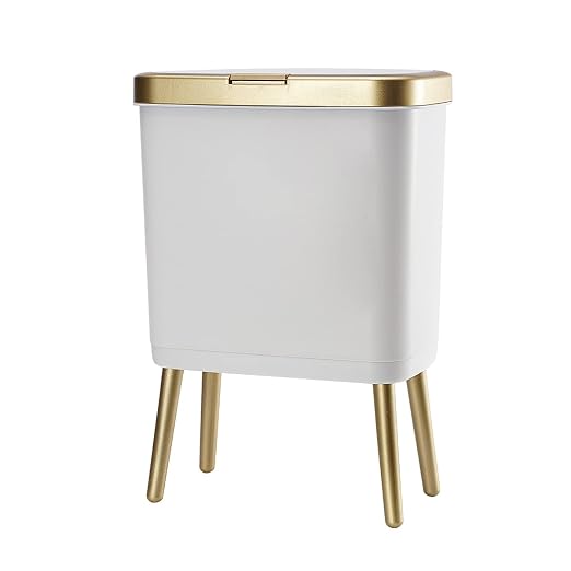 Procade Bathroom Trash Can with Lid, Plastic Garbage Can with Legs, 4 Gallon Gold Trash Bin with Push Button, Narrow White Trash Can Waste Basket for Bedroom, Living Room,Officeï¼Dog Proof Trash Bin