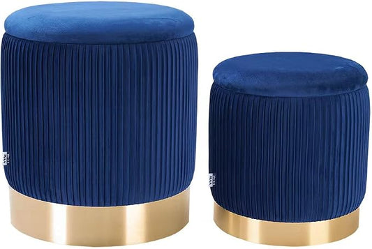 YYW HOME Navy Round Ottoman with Storage Set of 2 Vanity Stool Foot Rest with Removable Lid White Velvet Storage Ottoman Stool for Living Room and Dorm
