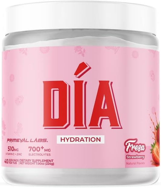 Primeval Labs Dia Hydration Electrolyte Powder | Vitamin C + Zinc, Taurine & Electrolytes | Low Sugar Daily Hydration Drink | 40 Serving Tubs | Fresa