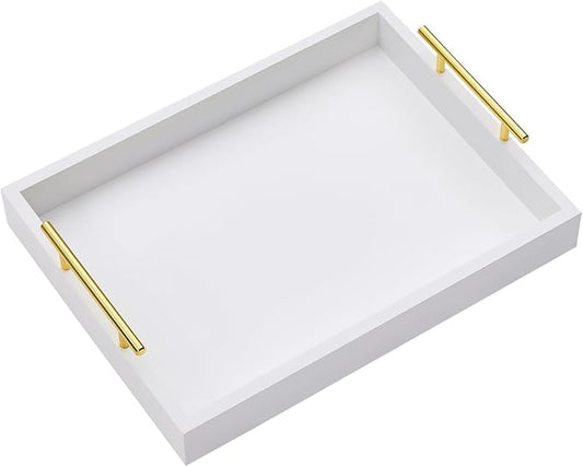 16"x12" Serving Trays with Handles, White Decorative Serving Tray, Ottoman Trays, Living Room, Bathroom, and Outdoors Decorative Trays (White)