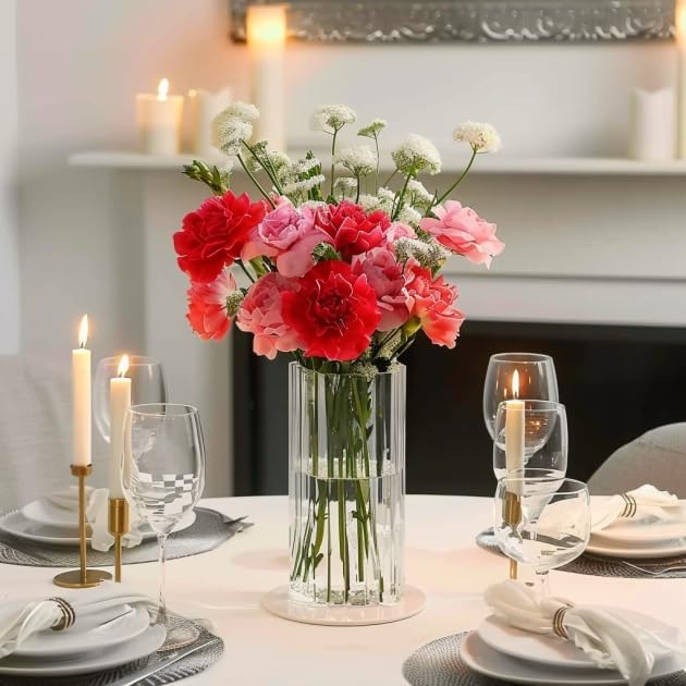 ComSaf Glass Cylinder Vases, Bud Vase for Centerpieces, 8 Inch Tall Ribbed Vase Hurricane Floating Candle Holder, Decorative Flower Vases for Wedding Reception, Home Decor, Housewarming Gift (Clear)