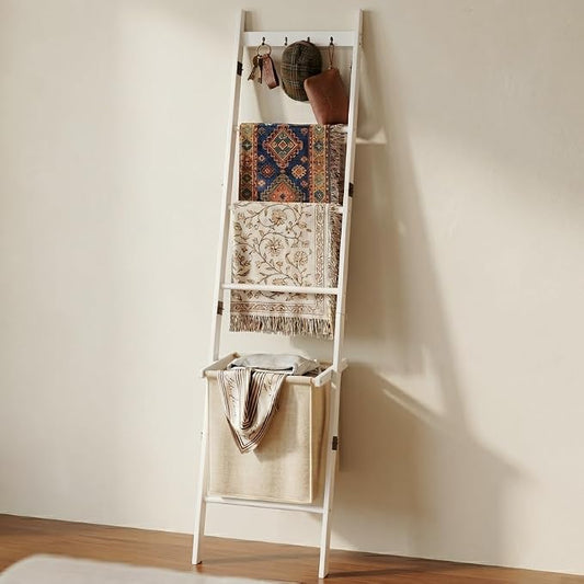 BAMBANG Bamboo Blanket Ladder with Basket, 5-Tier Quilt Rack Stand with 4 Hooks & Storage Hamper for Living Room Bathroom, Wall Leaning Decorative Ladder Shelf for Blankets Display (White)