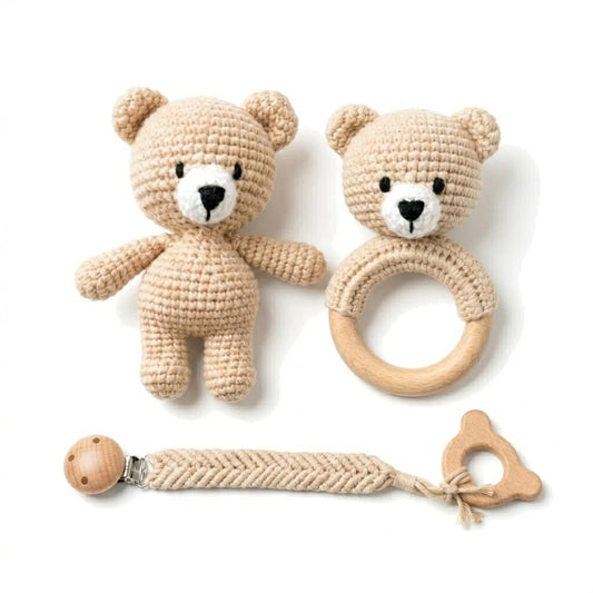 Organic Crochet Bear Baby Rattle Toy - Handmade Newborn Gift Set with Teether & Pacifier Holder - BPA-Free Organic Cotton New Baby Gift - Infant Sensory Toy for Girls Boys 0-12 Months