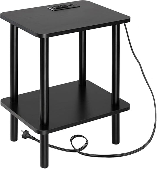 FORAOFUR End Table with Charge Station, Black Small Side Table with USB Ports and Outlets, Narrow Side Table for Living Room, Bedroom and Office, Small Nightstand with Charging Station