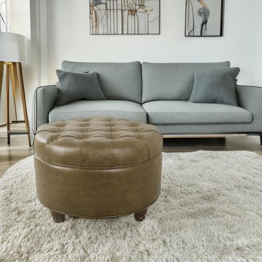 Homepop Home Decor | Button Tufted Faux Leather Round Storage Ottoman | Ottoman with Storage for Living Room & Bedroom (Brown)