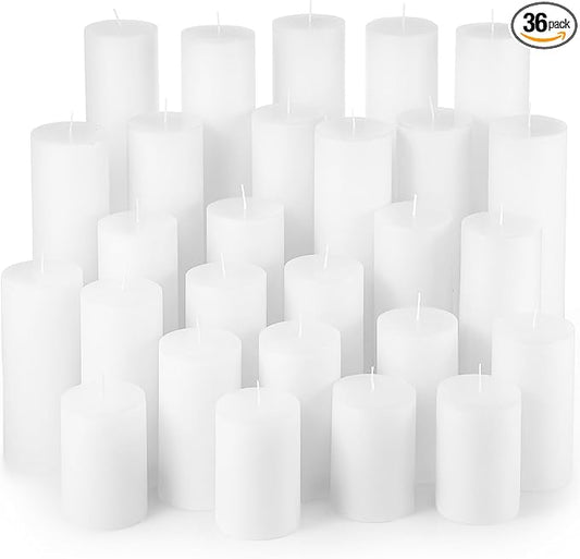 Shihanee 36 Pcs Pillar Candles 3 in x 3,4,5,6,8,10 Dripless Unscented Smokeless Candle Long Burning Decorative Rustic Candles with Cotton Wick for Wedding Home Fireplace (White)