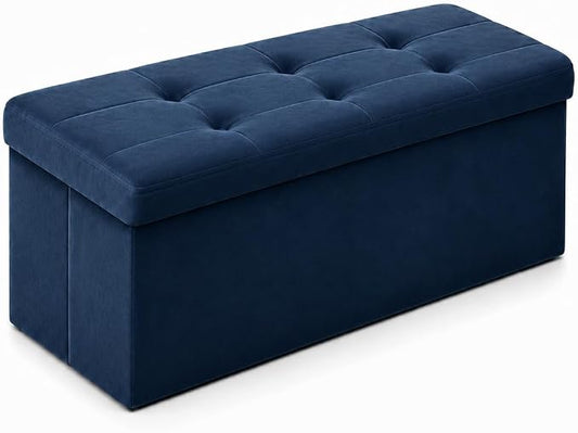 ALASDO 30 Inch Folding Storage Ottoman Bench with Hidden Storage, Velvet Storage Ottoman Foot Rest Stool, End of Bed Bench for Bedroom, Living Room, Entryway and Closet, Navy Blue