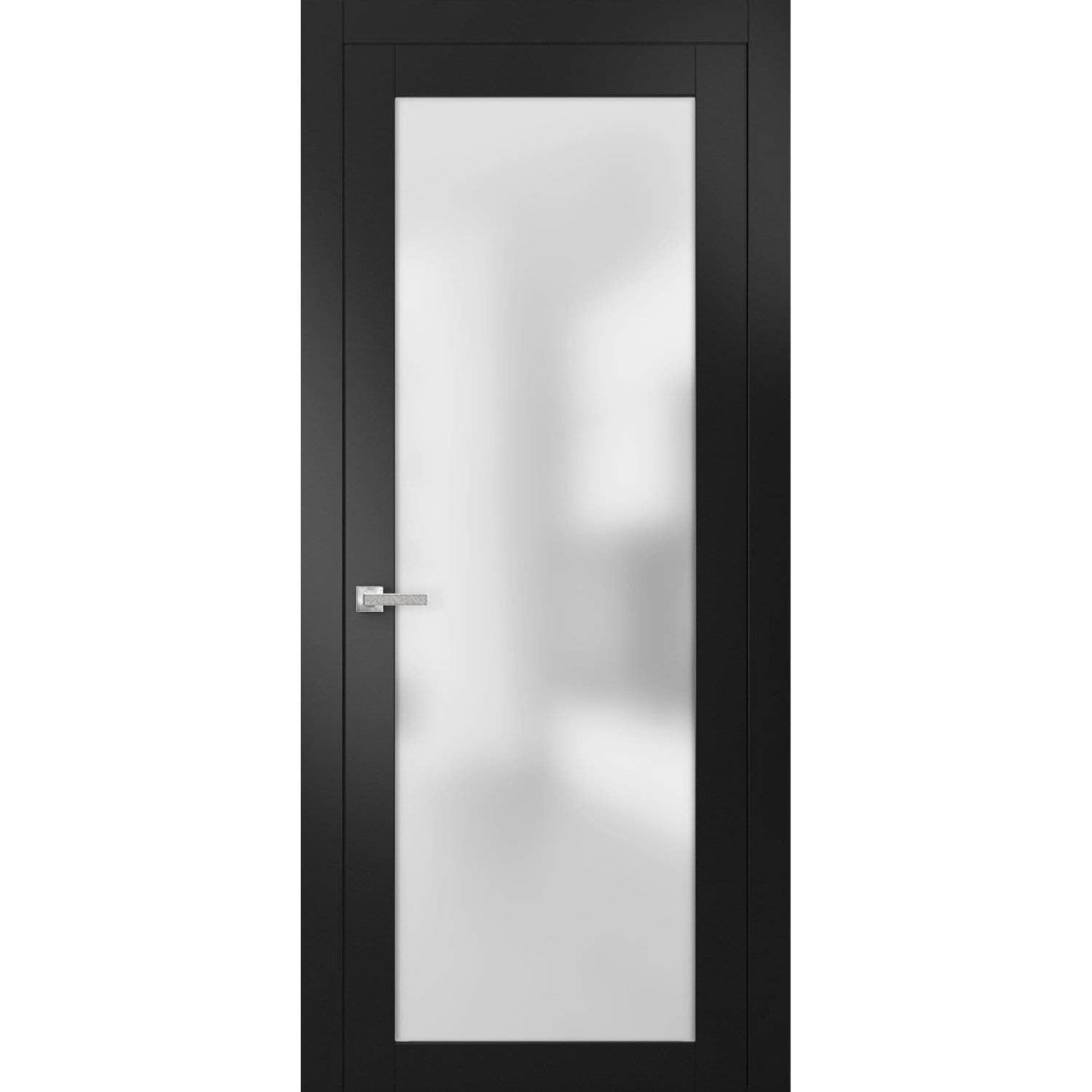 SARTODOORS - Modern Solid French Door Frosted Glass 32 x 80 inches with Handle | Planum 2102 Black Matte | Single Regular Panel Frame Trims | Bathroom Bedroom Sturdy Doors
