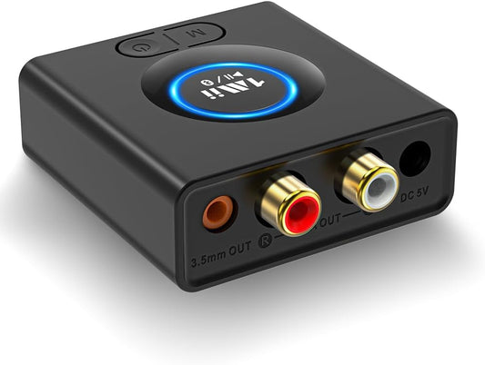 1Mii 12H 5.1 Bluetooth Receiver for Home Stereo, Wireless AUX & RCA Adapter, Dual Device Pairing, Playtime, Bass Boost