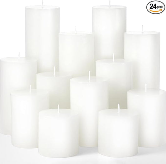 Shihanee 24 Pcs Pillar Candles 3 in x 3,4,5,6,8,10 Dripless Unscented Smokeless Candle Long Burning Decorative Rustic Candles with Cotton Wick for Wedding Home Fireplace (White)