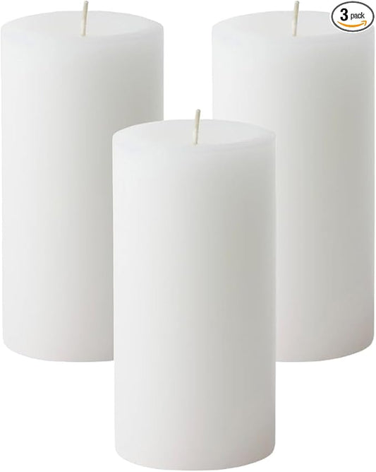Mister Candle Dripless Unscented Pillar Candles, Set of 3 Hand Poured White Solid Color Non-Scented Candles for Home Decor, Premium Wax, 80 Hr Burn Time, 3x6 Inch