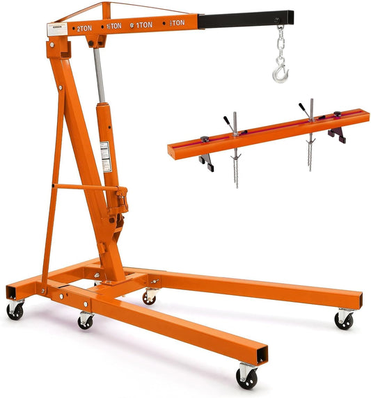 2 Ton Folding Hydraulic Engine Hoist with 59 in Load Leveler 4400 LBS Capacity Heavy Duty Cherry Picker 6 Swivel Wheels,Engine Support Bar 1100 LBS Capacity for Garage Workshop Warehouse Orange